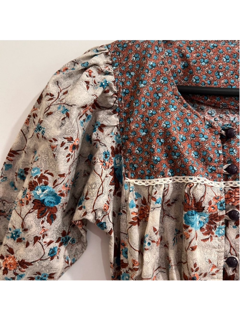 Vintage Prairie Floral Maxi Dress - Puff Sleeve Cottagecore Boho Size M Brown - Picture 4 of 8
